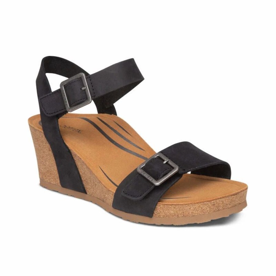 Women * | Aetrex Lexa Quarter Strap Wedge Black