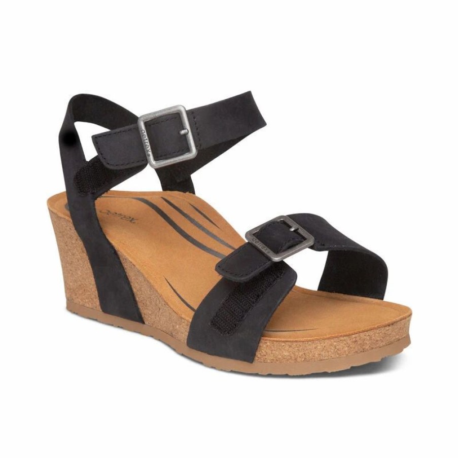 Women * | Aetrex Lexa Quarter Strap Wedge Black