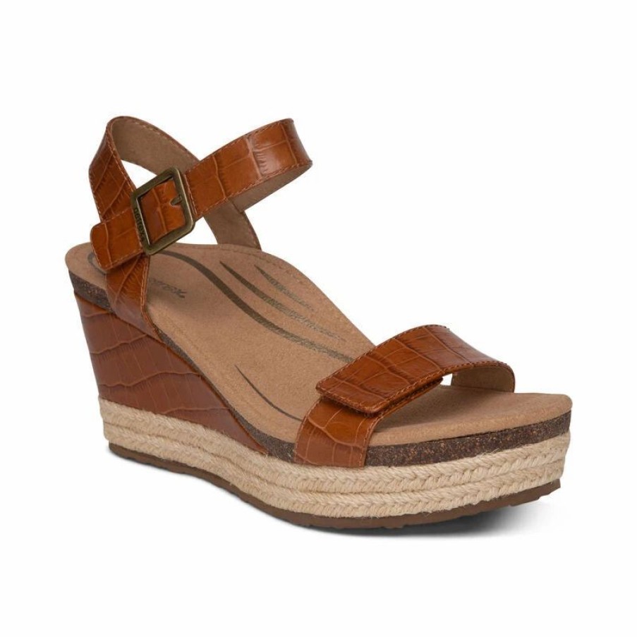 Women * | Aetrex Sydney Quarter Strap Espadrille Wedge Cognac