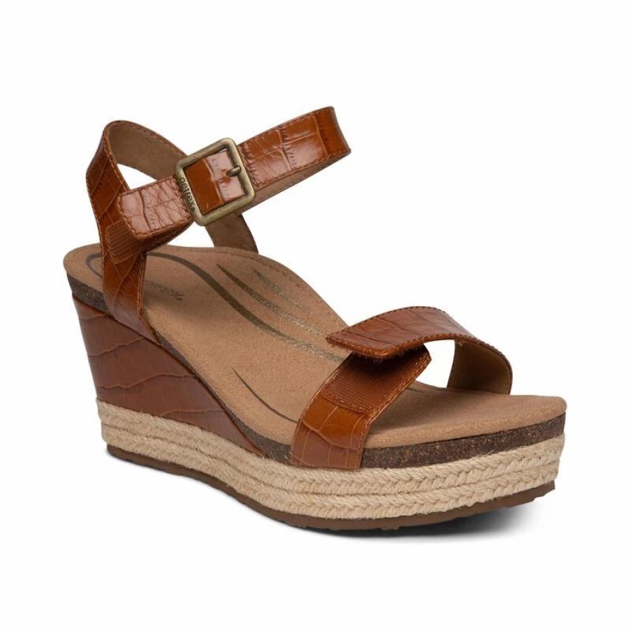 Women * | Aetrex Sydney Quarter Strap Espadrille Wedge Cognac