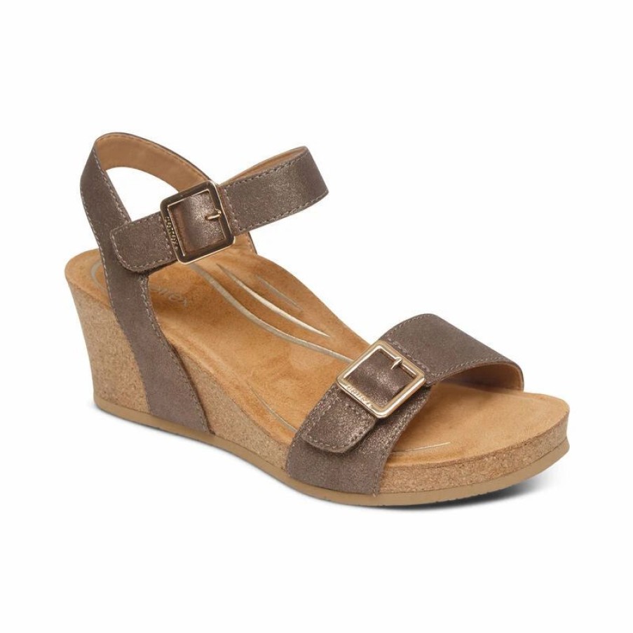 Women * | Aetrex Lexa Quarter Strap Wedge Bronze