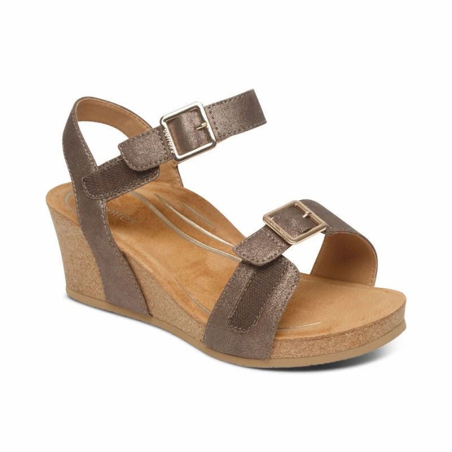 Women * | Aetrex Lexa Quarter Strap Wedge Bronze