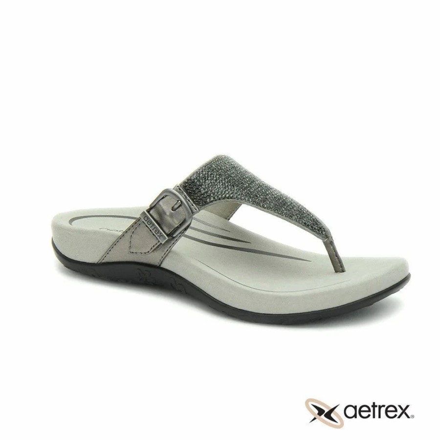 Women * | Aetrex Rae Adjustable Thong Sandal Gunmetal