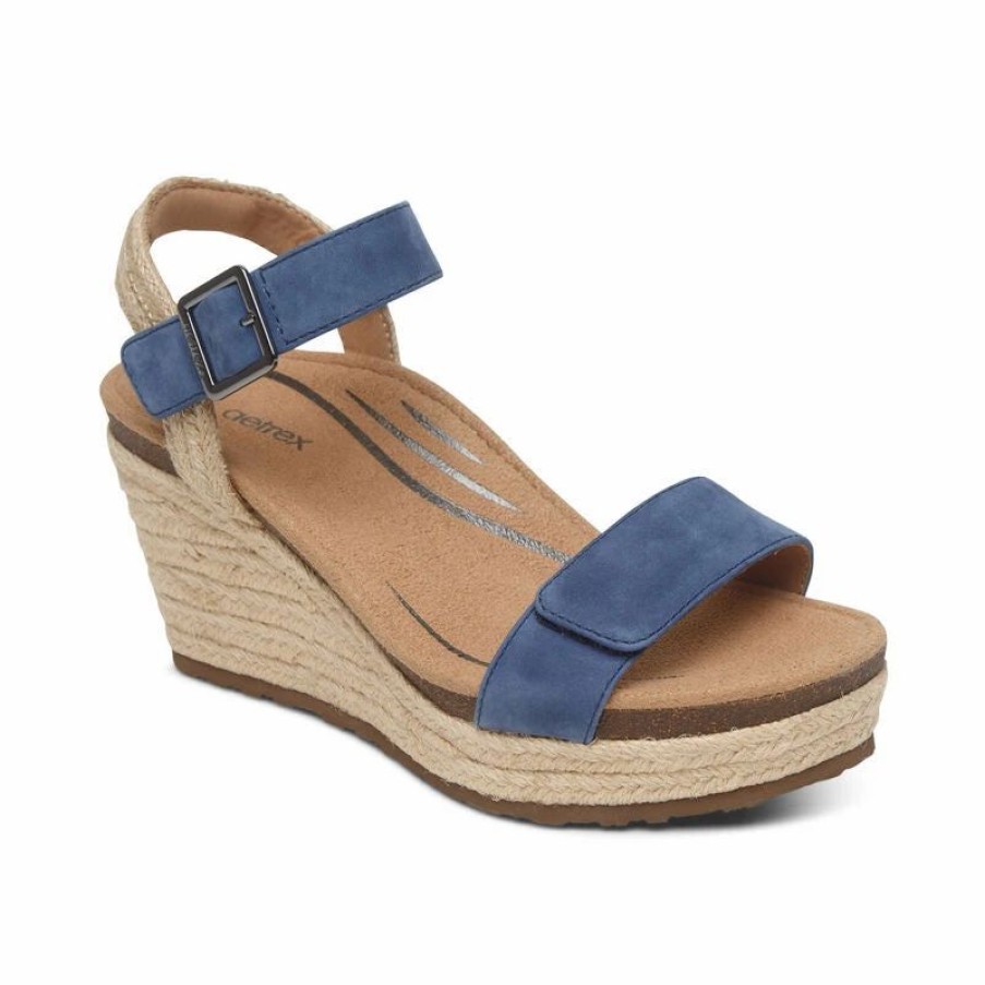 Women * | Aetrex Sydney Quarter Strap Espadrille Wedge Blue