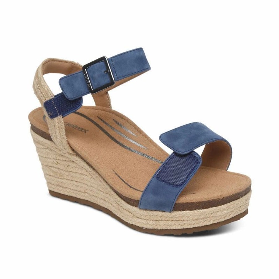 Women * | Aetrex Sydney Quarter Strap Espadrille Wedge Blue